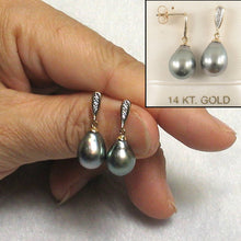 Load image into Gallery viewer, 14k Yellow Gold Silver Gray Raindrop Pearl Diamond Dangle Earrings