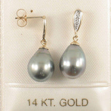 Load image into Gallery viewer, 14k Yellow Gold Silver Gray Raindrop Pearl Diamond Dangle Earrings