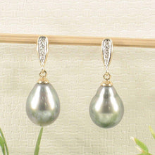 Load image into Gallery viewer, 14k Yellow Gold Silver Gray Raindrop Pearl Diamond Dangle Earrings