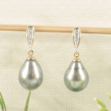 14k Yellow Gold Silver Gray Raindrop Pearl Diamond Dangle Earrings