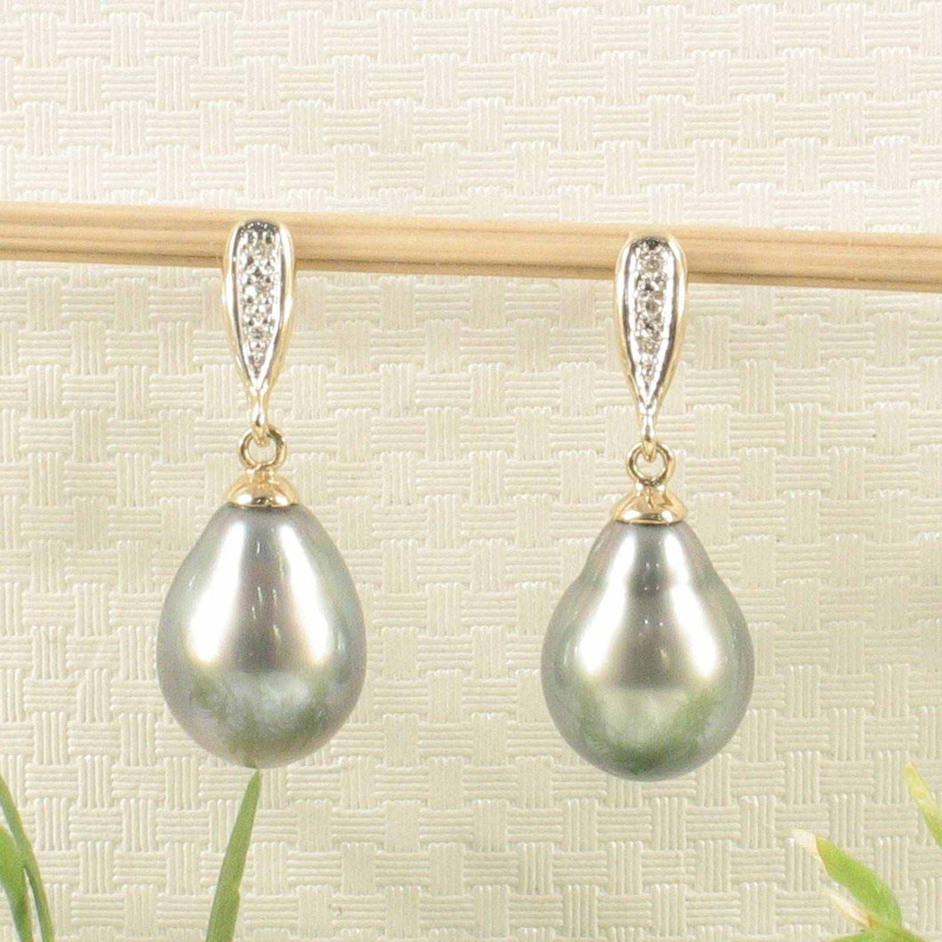 14k Yellow Gold Silver Gray Raindrop Pearl Diamond Dangle Earrings