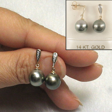 14k Yellow Gold Silver Gray Tahitian Pearl Diamond Dangle Earrings