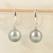 Load image into Gallery viewer, 14k White Gold Diamond &amp; Silver Gray Tahitian Pearl Hook Earrings