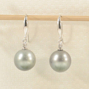 14k White Gold Diamond & Silver Gray Tahitian Pearl Hook Earrings