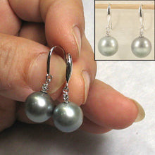 Load image into Gallery viewer, 14k White Gold Diamond &amp; Silver Gray Tahitian Pearl Hook Earrings