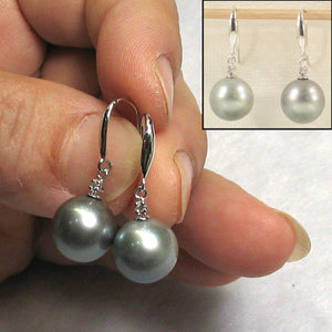 14k White Gold Diamond & Silver Gray Tahitian Pearl Hook Earrings
