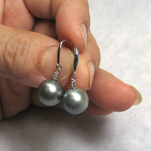 14k White Gold Diamond & Silver Gray Tahitian Pearl Hook Earrings