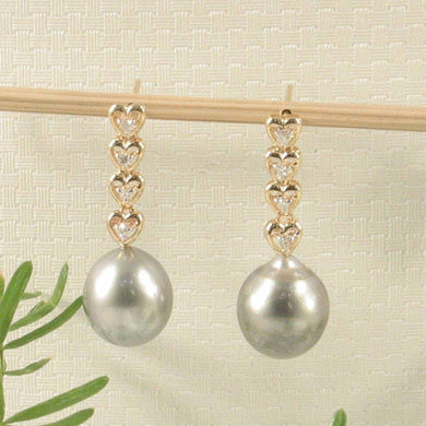 Silver Gray Tahitian Pearl & Diamond Heart Dangle Earrings – 14k Yellow Gold