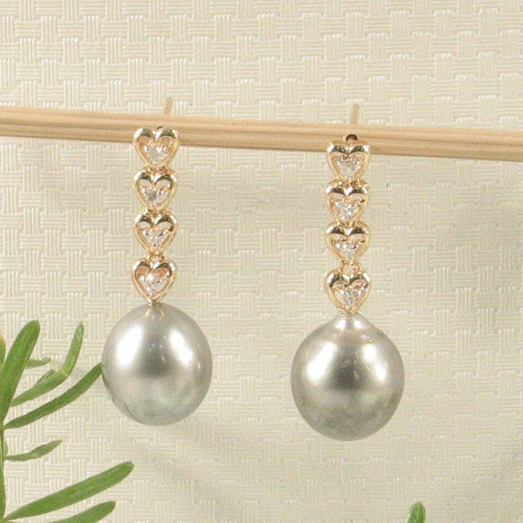 Silver Gray Tahitian Pearl & Diamond Heart Dangle Earrings – 14k Yellow Gold