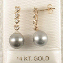 Load image into Gallery viewer, Silver Gray Tahitian Pearl &amp; Diamond Heart Dangle Earrings – 14k Yellow Gold