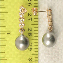 Load image into Gallery viewer, Silver Gray Tahitian Pearl &amp; Diamond Heart Dangle Earrings – 14k Yellow Gold