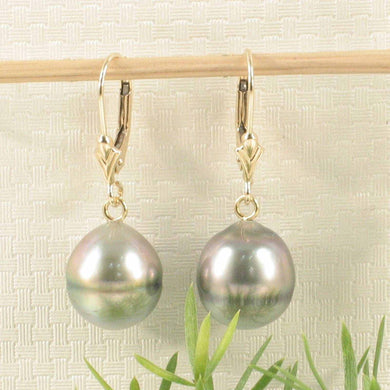 14k Yellow Gold Silver Green Tahitian Pearl Leverback Earrings