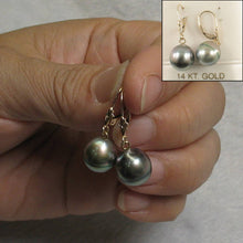 Load image into Gallery viewer, 14k Yellow Gold Silver Green Tahitian Pearl Leverback Earrings
