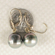 Load image into Gallery viewer, 14k Yellow Gold Silver Green Tahitian Pearl Leverback Earrings