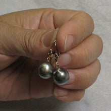 Load image into Gallery viewer, 14k Yellow Gold Silver Green Tahitian Pearl Leverback Earrings