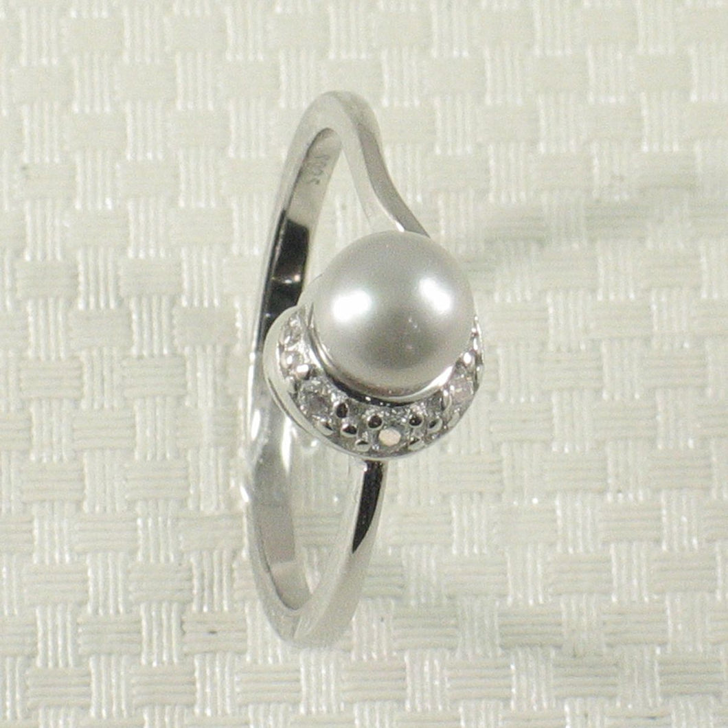 Solid Sterling Silver .925 Silver-Tone Freshwater Cultured Pearl & CZ Crescent Ring