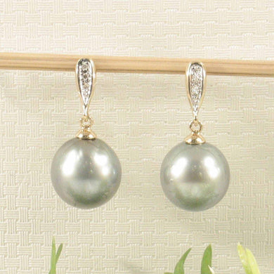 14k Yellow Gold Silver Tone Tahitian Pearl Diamond Dangle Earrings