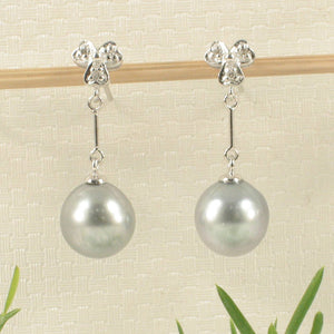 Genuine Diamonds & Silver Tone Tahitian Pearl Triple Heart Earrings – 14k White Gold