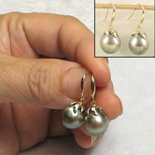 Load image into Gallery viewer, Smoke Silver Tahitian Pearl &amp; Diamond Hook Earrings – 14k Yellow Gold