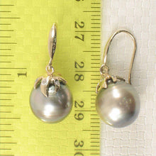 Load image into Gallery viewer, Smoke Silver Tahitian Pearl &amp; Diamond Hook Earrings – 14k Yellow Gold