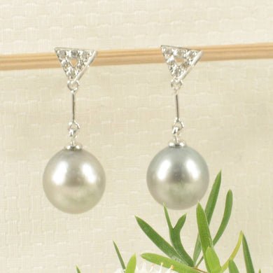 Genuine Diamonds & Smoky White Tahitian Pearl Dangle Earrings – 14k White Gold