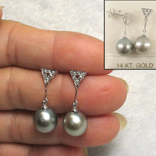 Load image into Gallery viewer, Genuine Diamonds &amp; Smoky White Tahitian Pearl Dangle Earrings – 14k White Gold