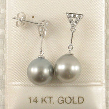 Load image into Gallery viewer, Genuine Diamonds &amp; Smoky White Tahitian Pearl Dangle Earrings – 14k White Gold