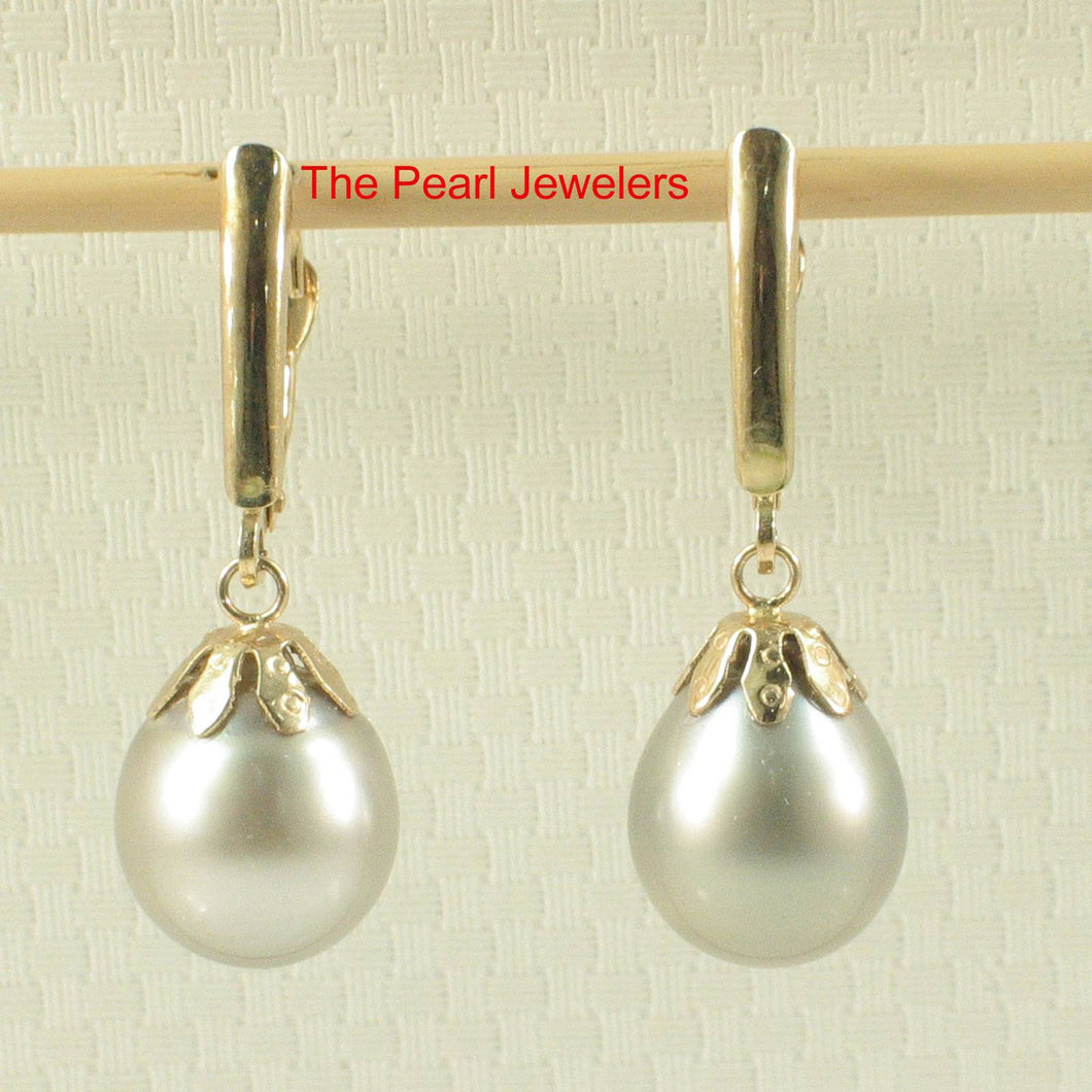 Smoky White Tahitian Pearl Flower Cap Dangle Earrings – 14k Yellow Gold