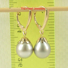 Load image into Gallery viewer, Smoky White Tahitian Pearl Flower Cap Dangle Earrings – 14k Yellow Gold