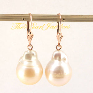 Solid 14k Rose Gold Leverback Baroque White Pearl Dangle Earrings