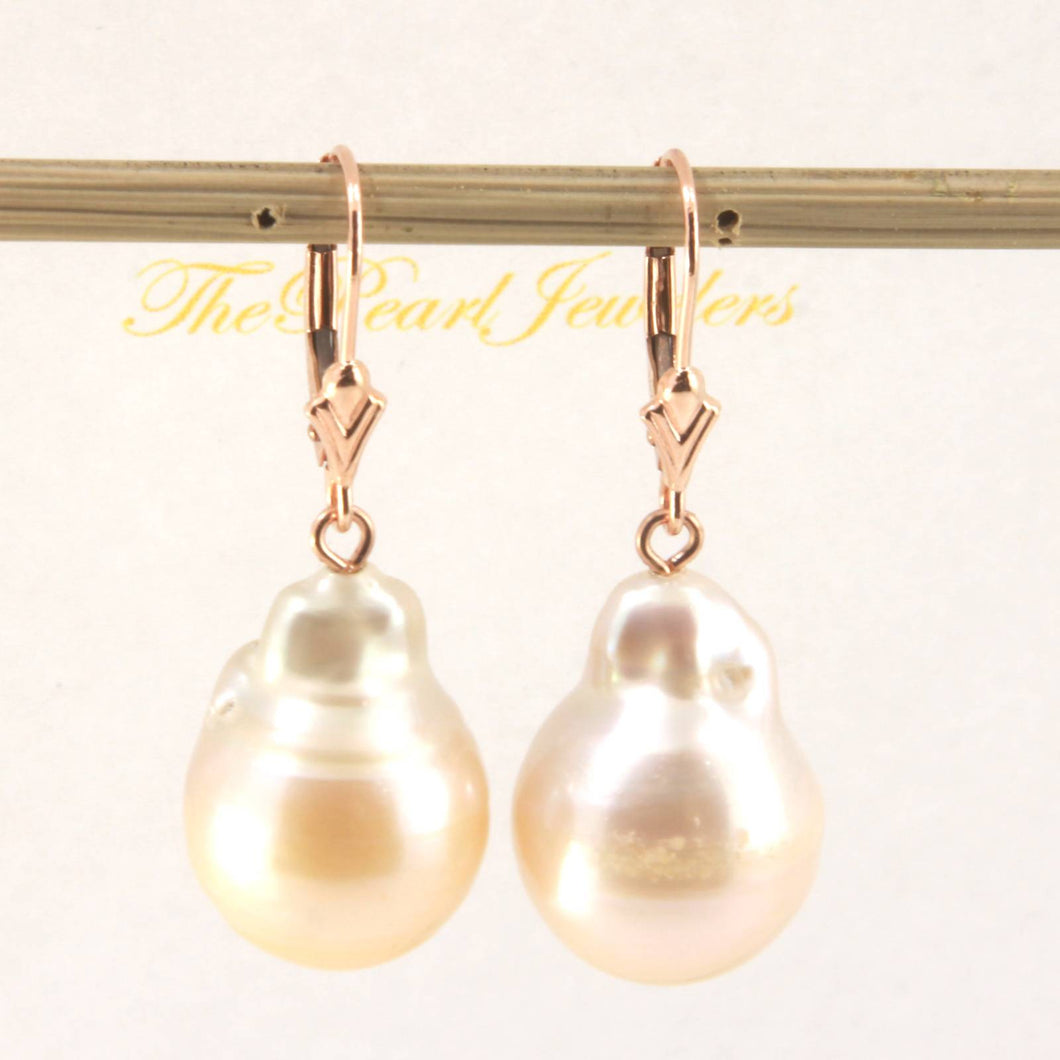 Solid 14k Rose Gold Leverback Baroque White Pearl Dangle Earrings