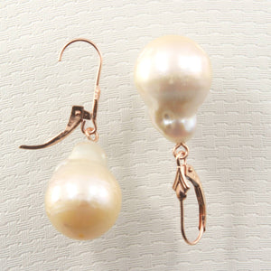 Solid 14k Rose Gold Leverback Baroque White Pearl Dangle Earrings