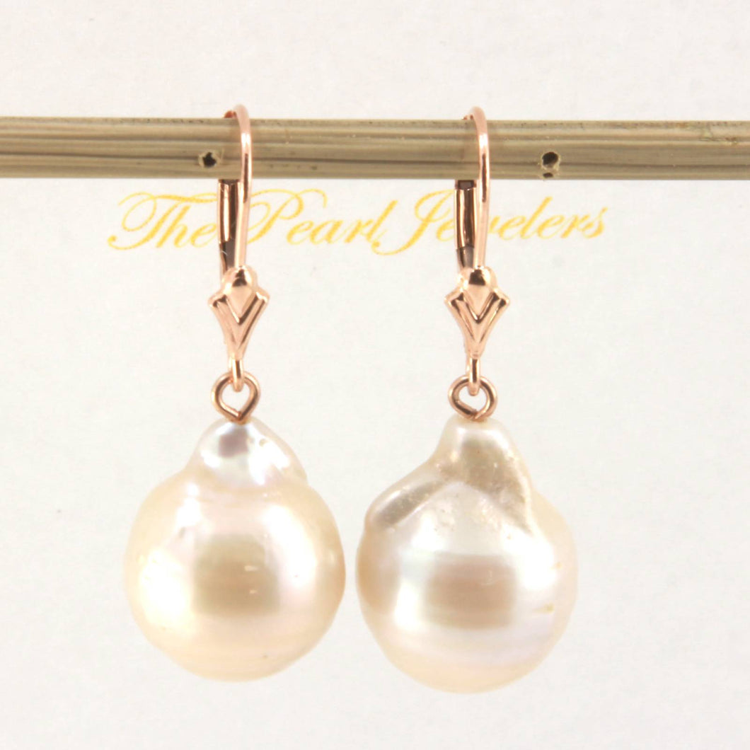 Solid 14k Rose Gold Leverback Baroque White Pearl Dangle Earrings (Petite)