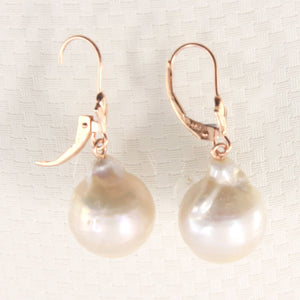 Solid 14k Rose Gold Leverback Baroque White Pearl Dangle Earrings (Petite)