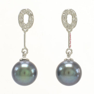 Solid 14k White Gold AAA Black Pearl & Diamond Dangle-Stud Earrings