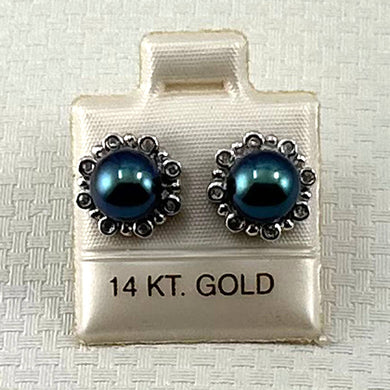 Solid 14k White Gold AAA Black Pearl & Diamond Stud Earrings