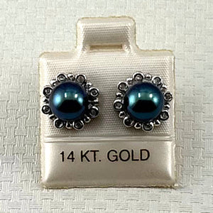 Solid 14k White Gold AAA Black Pearl & Diamond Stud Earrings