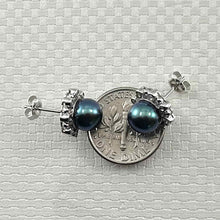 Load image into Gallery viewer, Solid 14k White Gold AAA Black Pearl &amp; Diamond Stud Earrings