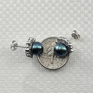Solid 14k White Gold AAA Black Pearl & Diamond Stud Earrings