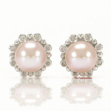 Load image into Gallery viewer, Solid 14k White Gold AAA Pink Cultured Pearl &amp; Diamond Stud Earrings