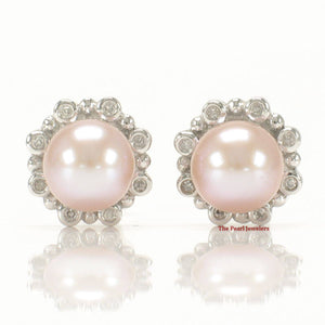 Solid 14k White Gold AAA Pink Cultured Pearl & Diamond Stud Earrings