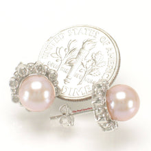 Load image into Gallery viewer, Solid 14k White Gold AAA Pink Cultured Pearl &amp; Diamond Stud Earrings