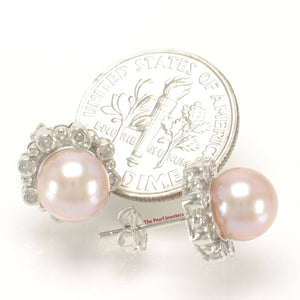 Solid 14k White Gold AAA Pink Cultured Pearl & Diamond Stud Earrings