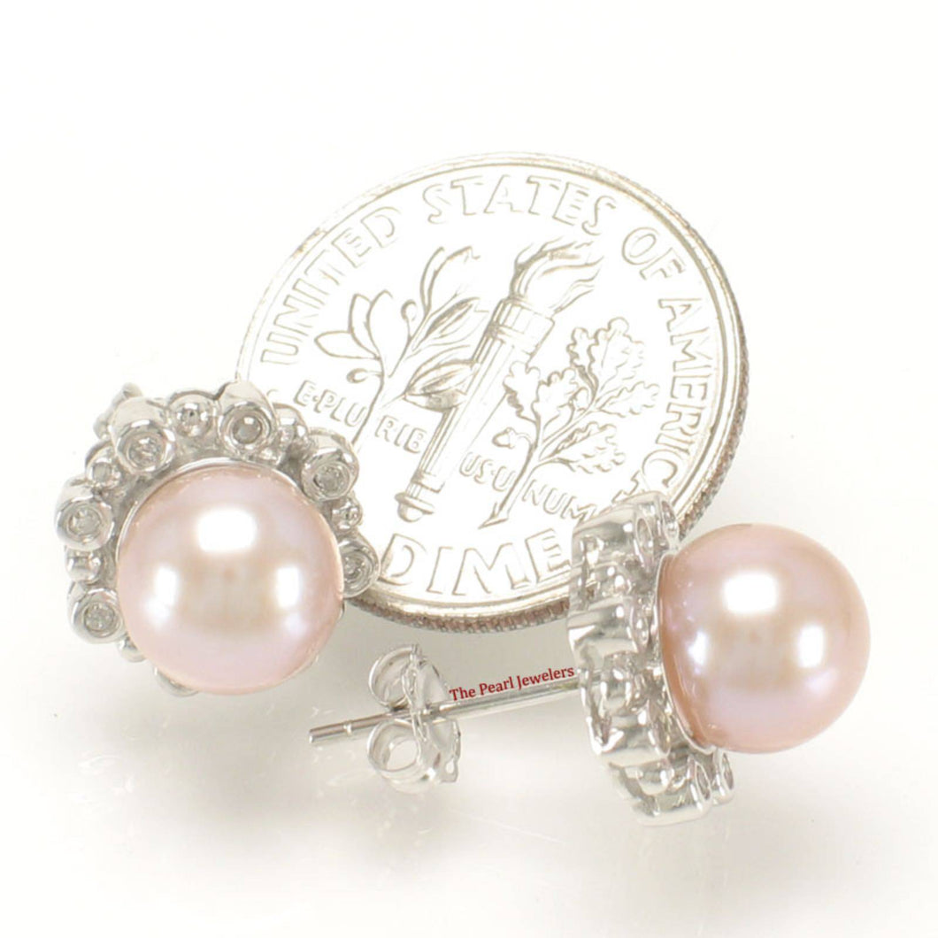 Solid 14k White Gold AAA Pink Cultured Pearl & Diamond Stud Earrings