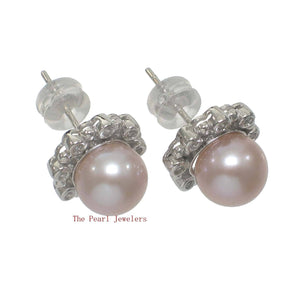 Solid 14k White Gold AAA Pink Cultured Pearl & Diamond Stud Earrings