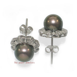 Solid 14k White Gold Diamond & AAA Black Pearl Stud Earrings