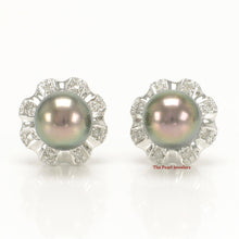 Load image into Gallery viewer, Solid 14k White Gold Diamond &amp; AAA Black Pearl Stud Earrings