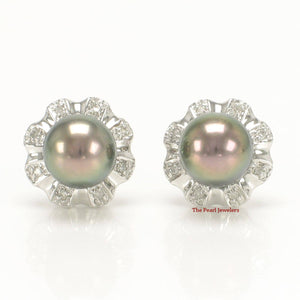 Solid 14k White Gold Diamond & AAA Black Pearl Stud Earrings