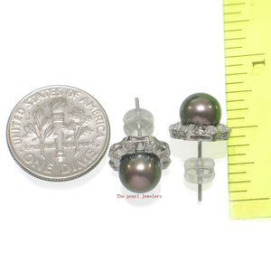 Solid 14k White Gold Diamond & AAA Black Pearl Stud Earrings