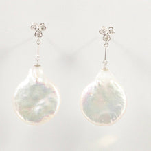 Load image into Gallery viewer, Solid 14k White Gold Diamond &amp; Baroque Coin Pearl Dangle Earrings